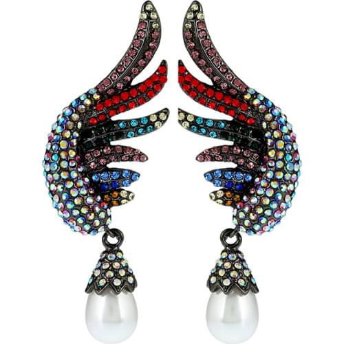 2020 New Colorful Big Exaggerated Wing Shaped Pearl Pendant Drop Earrings for Women Crystal Statement Earrings Jewelry