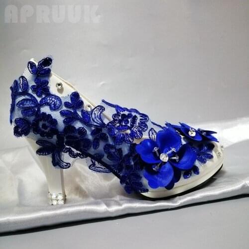 Blue lace pumps shoes handmade luxury design royal blue lace flower ladies party dress pumps 9CM high heels bridal blue pumps