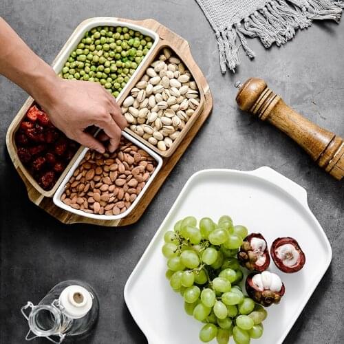 Nordic Ceramic Divider Melon Seed Chocolate Plate Wooden Living Room Fruit Dessert Snack Plate Modern Simple Home Storage Tool