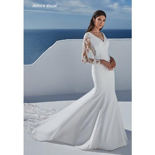 Wedding Dress Mermaid Elegant V-Neck Neckline Full Sleeves Chapel Train Floor-Length Plus Sizes Bride-Gown