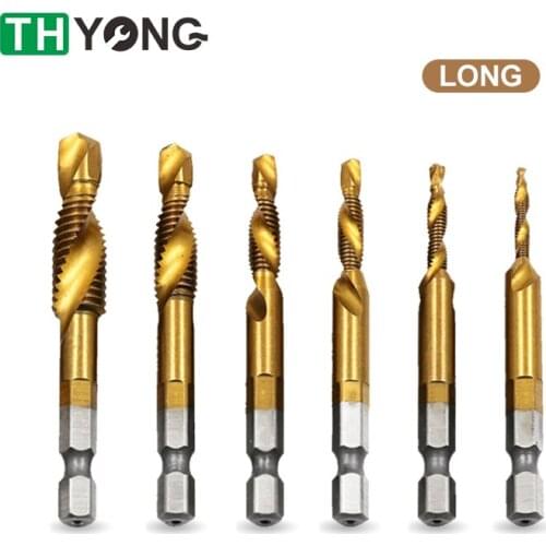 6Pcs Hex Shank Titanium Plated HSS Screw Thread Metric Long Tap Drill Bits Machine Compound M3 M4 M5 M6 M8 M10 Hand Tools