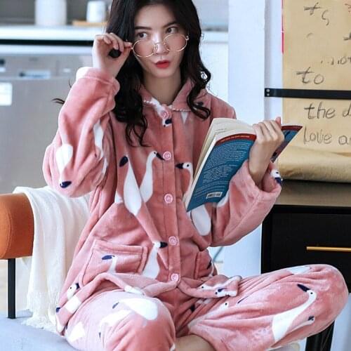 H5824 Warm Women Pajamas Suit Girls Sweet Coral Fleece Cute Home Clothing Lady Flannel Long Sleeve Autumn Winter Print Sleepwear
