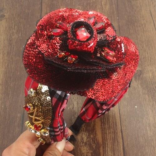 Luxury Elegant Hair Accessories Inlaid Rhinestone Big Flower Sequins Red Crystal Baroque Headwear For Women Girls Wedding Party