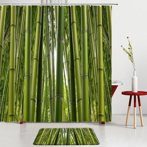 Green Bamboo Landscape Shower Curtains Set Bath Mats Entrance Door Mats Bathroom Rugs Kitchen Room Decoration Non-Slip Carpet