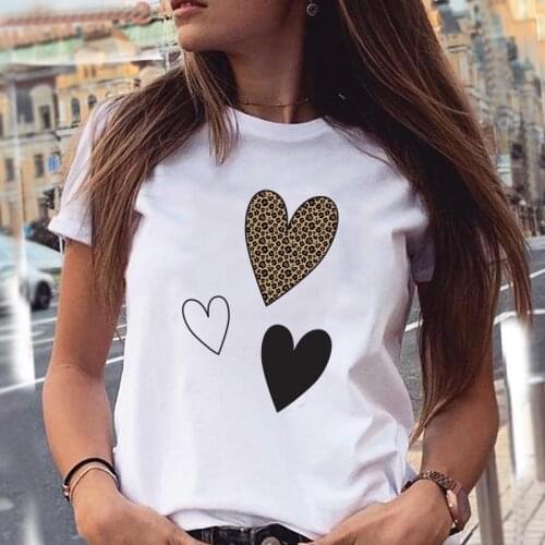 Women T-shirts Leopard Love Heart Cute Lovely Cute Cartoon 90s Summer Graphic Print Female Stylish T Top Shirt Girl Tee T-Shirt