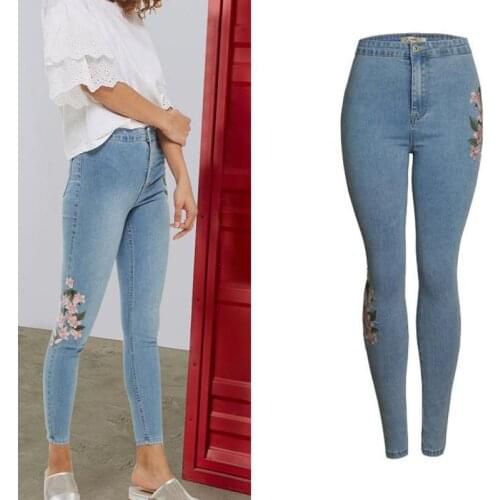 2021 Plus Size New Spring Fashion Embroidered Skinny Jeans Womens High Waist Hips Small Feet High Stretch Embroidered Pants