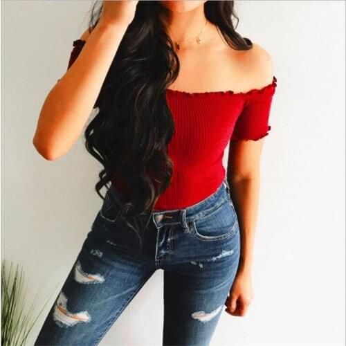 Women T-Shirts Sexy And Club Fashion Female T-Shirt Short Sleeve Off Shoulder Solid Color Lady T Shirt Summer Basic Tees