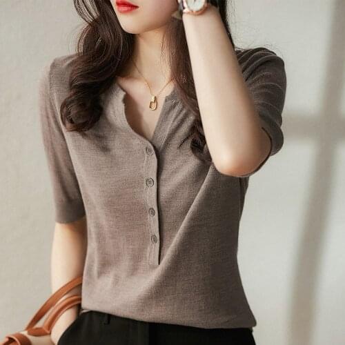 Harteen Simple Solid Button Slim Sweater Summer 2021 Korean Fashionable Short Sleeve Womens Clothes Loose All Match Thin Sweater