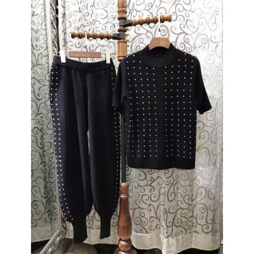 Cotton wool blend knit womens fashion beads sweater suits short sleeve pullover harem pant 2pcs/set one&over size beige 2color