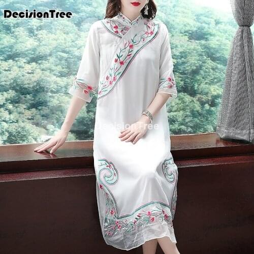 2021 woman floral embroidery long cheongsam chinese traditional costumes qipao half sleeve dress oriental chiffon qipao dress