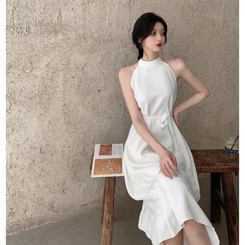 Summer French Style Elegant Women Sleeveless White Midi Dress 2021 Vintage Halter Black Bandage Dress Female Vestidos