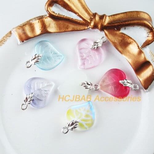 12Pcs Mixed Crystal Heart Charms Silver Plated Leaves Bail 15x19mm