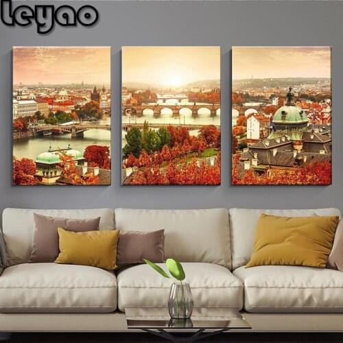 3 Pcs DIY Diamond Painting Cross Stitch Of Sunset Landscape,Charles Bridge,Prague,Modern Mosaic Decor,Diamond Embroidery Crafts