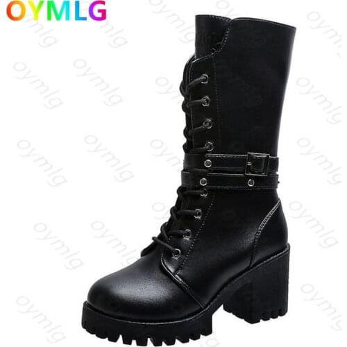 Hot Sale Spring Autumn Boots Women Fashion Black Square Heel Woman Leather Shoes Winter PU Large Size 41 Mid-calf