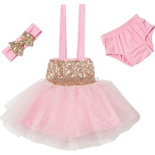 Baby Glitter Gold Sequin Dress Sparkle Tutu Dress with Headband Bloomer Set