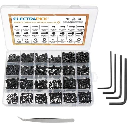 Electrapick 1200 PiecesCountersunk ScrewsScrews Washers Nut Set M2 M3 M4 M5 With Hexagon Socket Carbon Steel