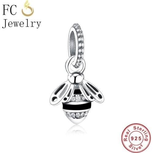 FC Jewelry Fits Original Brand Charms Bracelets 925 Silver Animal Black Enamel Queen Honey Bee Beads for Making Berloque DIY