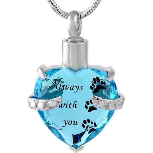 IJD9790 Engraving Multi-colored Crystal "Dog Paw Print Always With You" Cremation Necklace That Hold Ashes For pet