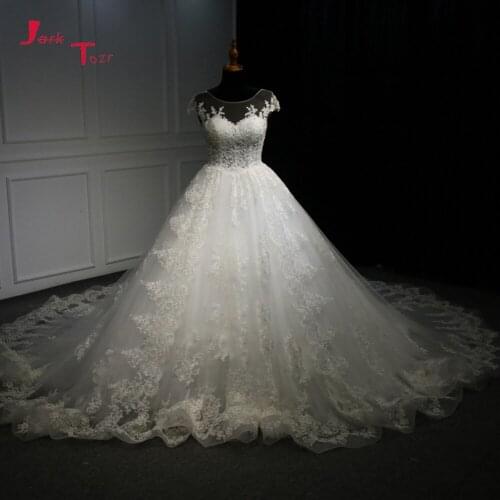 Jark Tozr Customize Short Sleeve Backless Pearls Sequins All Over Appliques Gorgeous Ball Gown Wedding Dress Robe Mariage