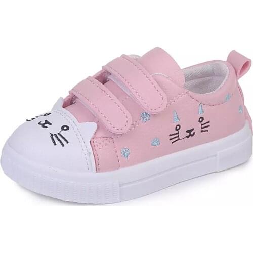 JGVIKOTO Fashion Girls White Shoes Kids Skate Shoes Childrens Casual Sneakers With Cartoon Cat Embroidered Soft Sports Shoes