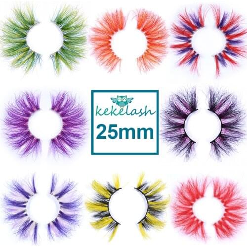 Kekelash 25mm long real mink colored eyelashes rainbow color for halloween party cosplay makeup wholsale bulk color lashes
