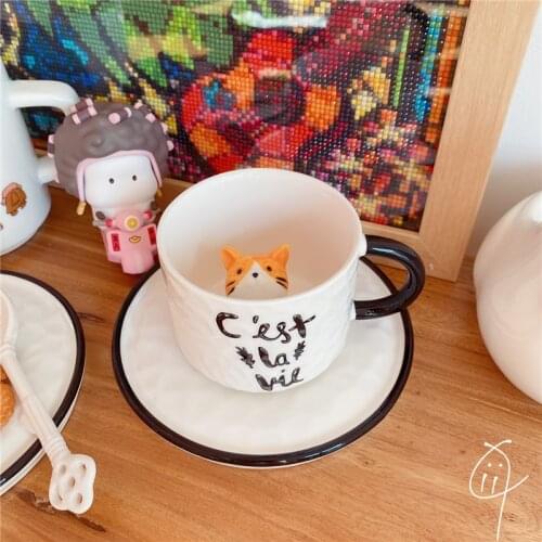 Cute Cat Relief Ceramics Mug With Tray Coffee Milk Tea Handle Porcelain Cup Novelty Gifts
