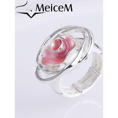 MeiceM 2021 Best Selling Classic Rose Flower Shape Rings for Women Fashion Enamel Rings Silver Color Jewelry Gift Wholesale Ring