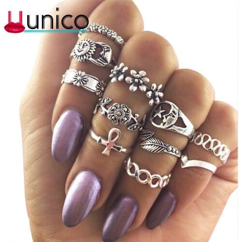 UUNICO Flower alloy inlaid zircon leaf set of 11 ring hollow moon suit tail ring Hip Hop Style Fashion Trend Lady Ring