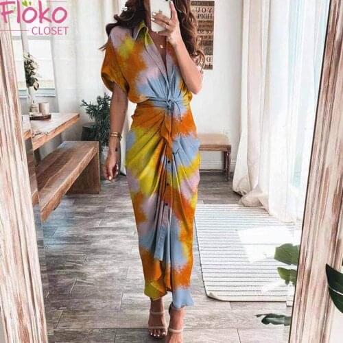 Flokocloset Summer Contrast Color Print Lace Up Pleated Maxi Dress Casual Office Lady Single Breasted Irregular Bodycon Dresses
