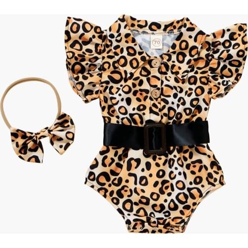Summer Baby Girls Boys Rompers Headband Leopard Printed Flare Sleeve Turn Down Collar Jumpsuits With Belt