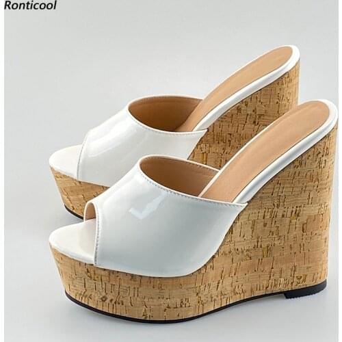 Ronticool Handmade Women Glossy Mules Sandals Sexy Wedges High Heels Open Toe 8 Colors Party Concise Shoes Slippers US Size 5-20