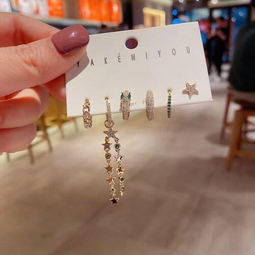 Mixed Styles Long Chain Tassel Snake Star Earrings Set Gold Color Green Cubic Zirconia Earrings Women Party Jewelry