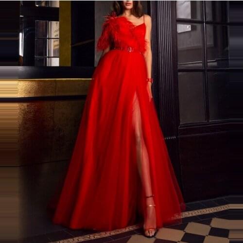 New Red Lace Dresses For Prom Long Sexy Side Slit Tassels With Waistbelt Spaghetti Straps Party Night Gowns שמלה