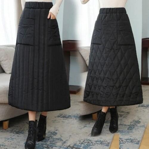 Autumn Winter Down Cotton Skirts Women 2021 New Thicken Warm Cotton Skirts High waist Skirt Pocket Black A-line Skirt Plus size