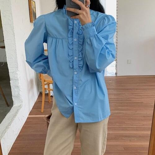 Autumn temperament cute ruffled stand-up collar wild long-sleeved shirt fashionable commuter blouse