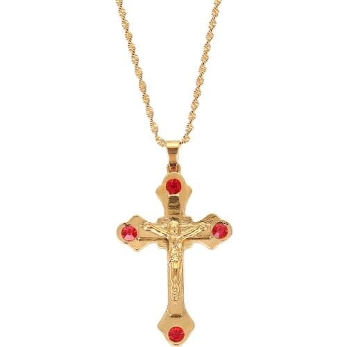 Red Stone Cross Pendant Necklace Gold Color INRI Jesus Crucifix Christianity Jewely