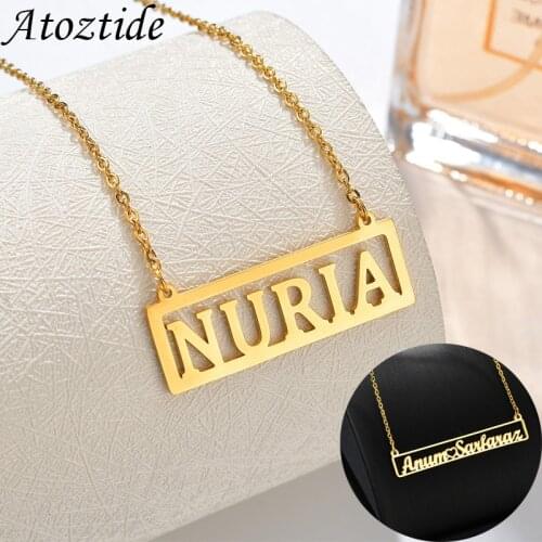 Atoztide Heart with Personalized Hollow Rectangle Name Necklaces Nameplate Jewelry Stainless Steel Custom For Man Chrismas Gift