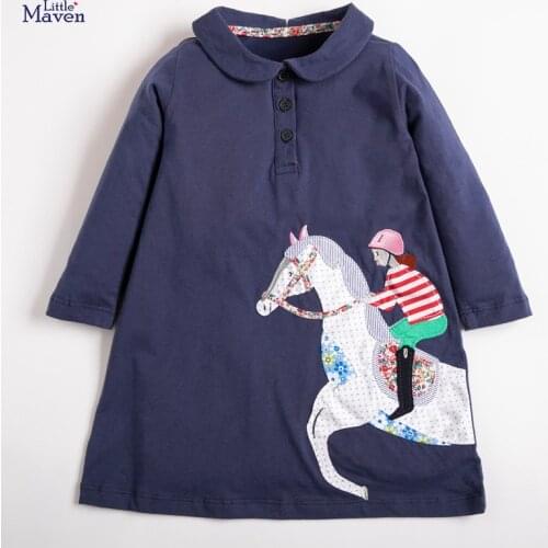Frocks for Baby Girls Brand Autumn Clothes Casual Cotton Horse Applique Toddler Peter Fan Collar Dress for Kids 2-7 Years