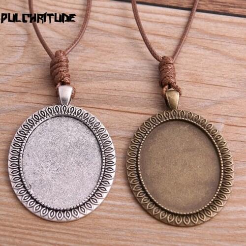 2pcs Zinc Alloy Two Color 30*40mm Big Oval Cabochon Settings Blank Cameo Pendant Base Tray With Leather Cord For Jewelry Making