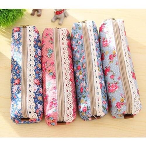 Retro Flower Lace Floral Canvas Zipper Pencil Case Pen Bag Purse Cosmetic Pouch For Kids LX6730
