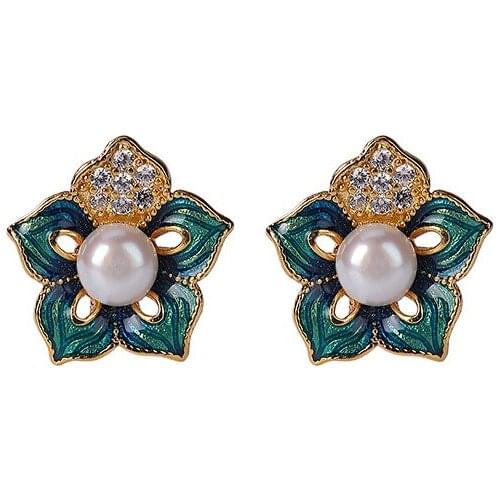 S925 sterling silver gold-plated cloisonne natural freshwater pearl ear studs retro personalized flower womens earrings