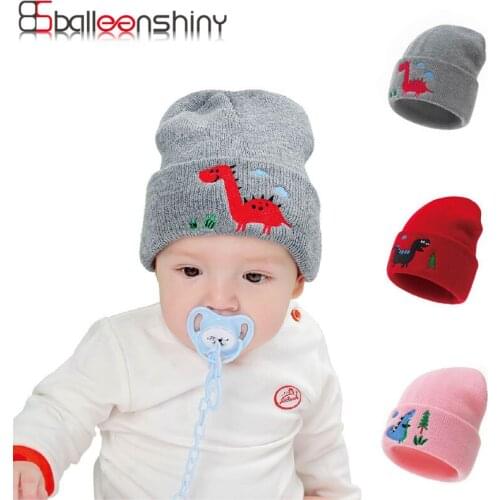 Balleenshiny New Fashion Embroidered Dinosaur Knitted Kids Hats DIY Warm Childrens Hat Newborn Baby Hat for Boys Girls Beanies