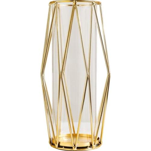 Scandinavian Ins Retro Gold Iron Line Transparent Tube Glass Vase Geometric Hydroponic Metal Plant Holder Home Office Decoration