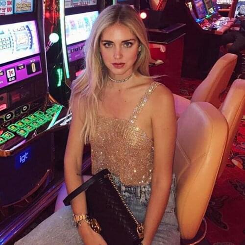 2019 Glitter Tops Backless Rhinestone Tank Top Women Sexy Metal Crystal Diamonds Sequined Night Club Party Club Wear Top