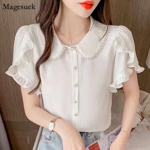 Korean Beading Summer Women Blouses Ruffles Flare Sleeve Casual Tops White Sweet Loose Women Blouses and Shirts Blusas 15050