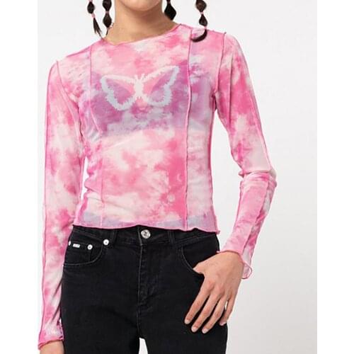 Womens Shirt Long Sleeve Blouses Crop Shirt Top Girls Butterfly Print Polo Shirts Slim Casual Blouse Tee Navel Exposed Clothing