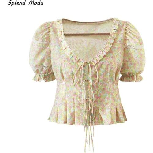 French Sweet Vintage Floral Blouse Women 2021 Prairie Chic Summer New Puff Sleeve Ruffle Pleated V-Neck Lace-Up Top Shirt