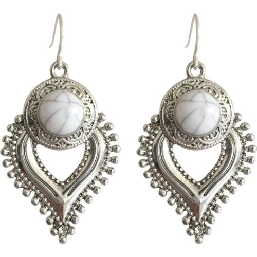 Antique Rhodium Color Marble White Stone Waterdrop Earrring For Women Girl Elegant Gorgeous Casual Chic Vintage Jewelry