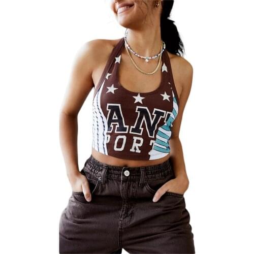 2021 Ladies Summer Midriff-baring Camisole Girls Star Letter Printing Hanging Neck Sleeveless Tops Slim Base Shirt