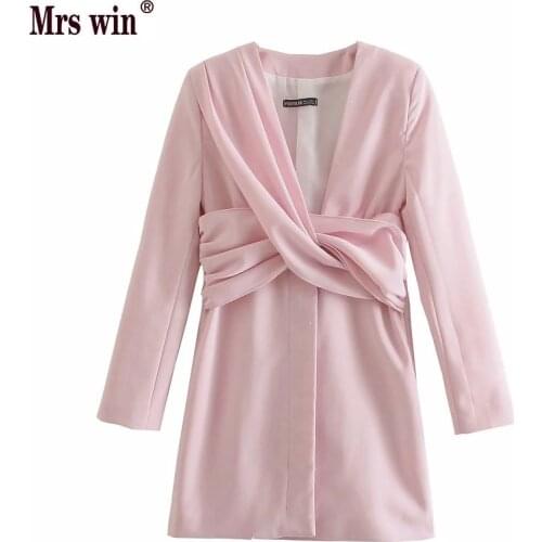 New Za 2021 Sexy Deep V Neck Bow Pleated Knotted Solid Mini Dress Women Office Long Sleeve Vestido Chic Casual Suit Dresses